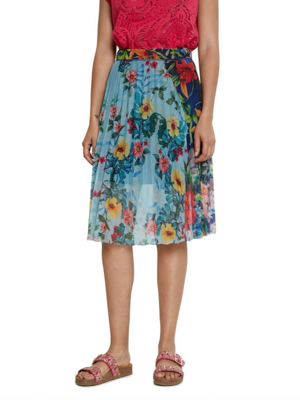 Desigual Women’s Floral Patchwork Pleated Buny Skirt Colorful Lined Size MEDIUM